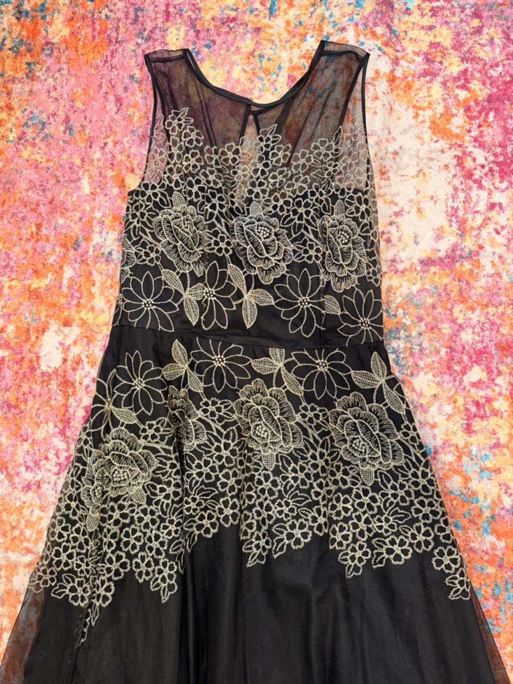 Tahari Arthur Levine Black Gold Embroidered Mesh Formal Evening Gown